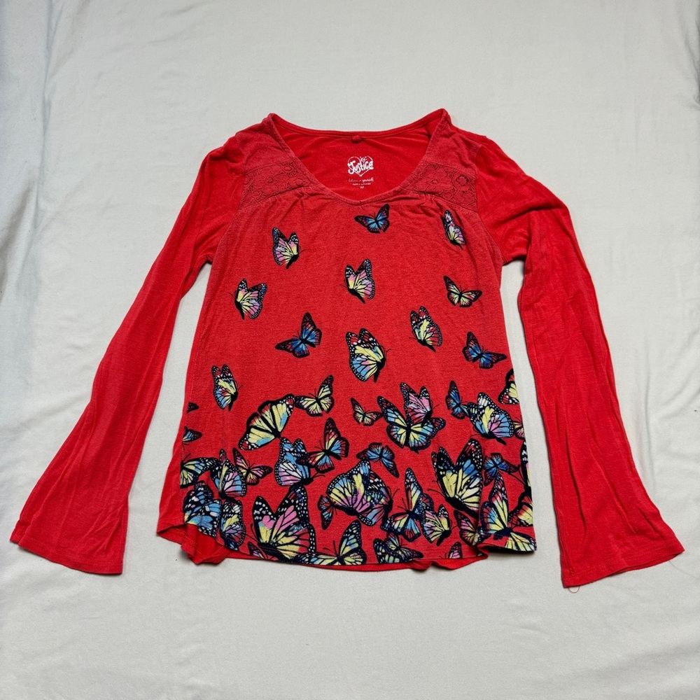 Justice Orange Butterfly Shirt Girl 10 Top Long Sleeve Winter Lace Casual Winter